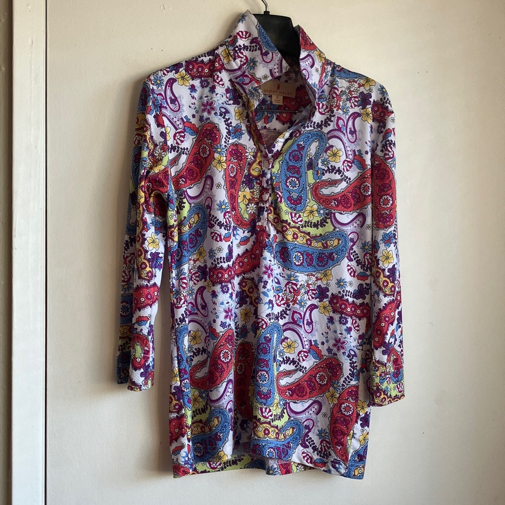 Sport Haley Multicolor Paisley 3/4 Sleeve Activewear Top Small